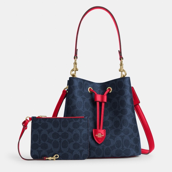 NWT coach!! Rowan Bucket Bag In Signature Canvas 💙❤️ - Picture 1 of 9